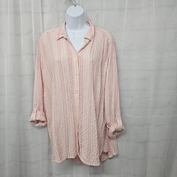 Jane + Delancey Pink White Striped Roll Tab Hi-low Blouse Beach Summer M - Picture 4 of 13